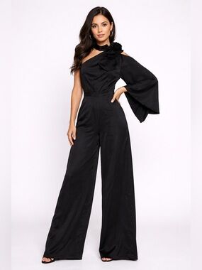 Cq by Cq Black One-Shoulder Wide-Leg Jumpsuit with Floral Accent size S